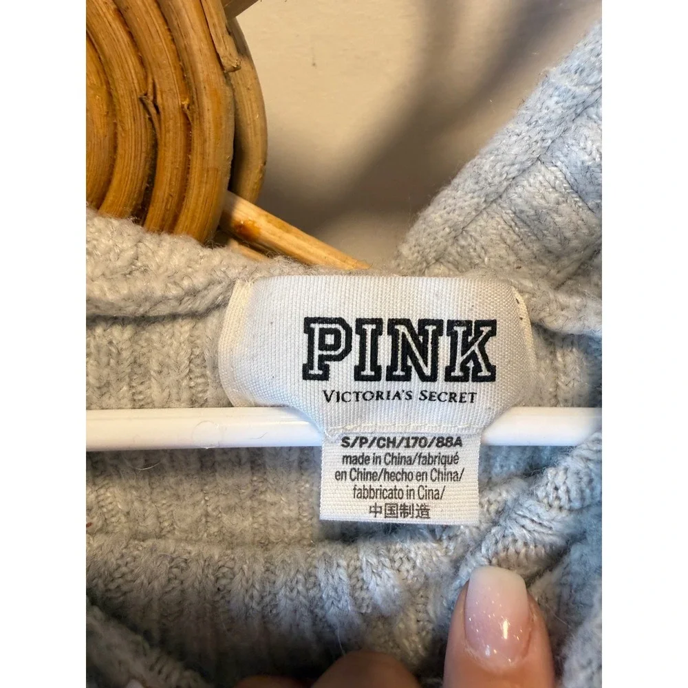 Pink Victoria's Secret Light Gray Ribbed Knit Cropped Hoodie Sweater‎ Womens S